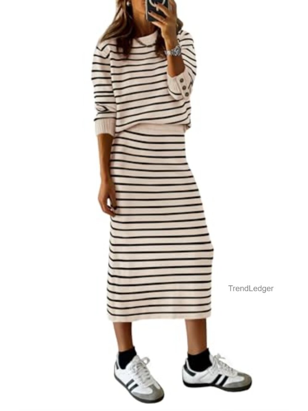 Women's 2 Piece Striped Sweater Skirt Set Long Sleeve Midi Pencil Skirt